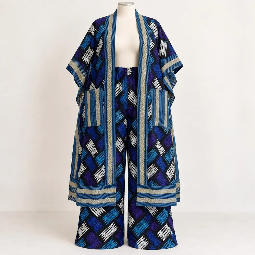 African Print Kimono Duster Wide Leg Dress Pants 2 Piece Set XL Blue